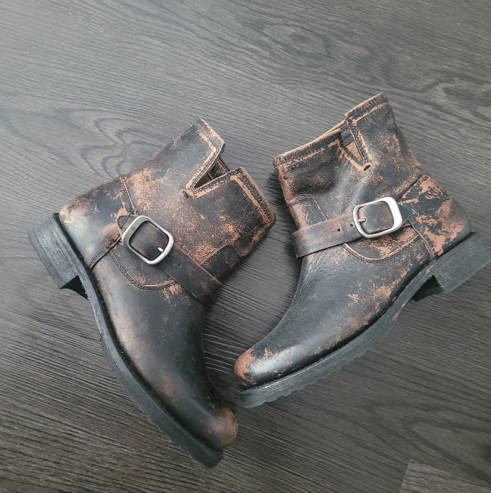 Frye Veronica Brown Distress Leather Ankle Boot with Buckle Size 7 Grunge Biker